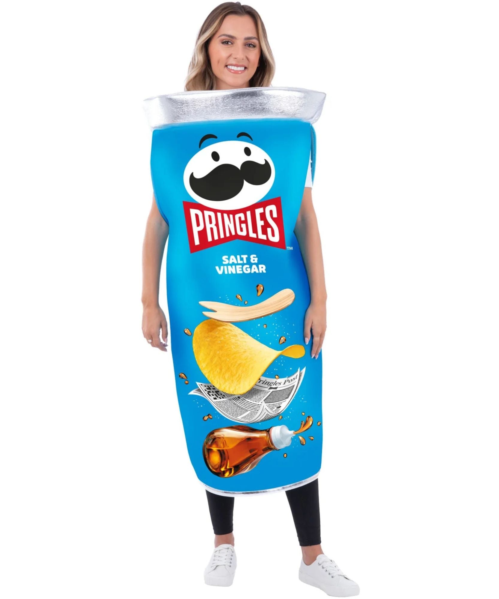 A woman modeling a full-body Pringles Salt & Vinegar costume, featuring a blue container design with the Pringles logo, a chip, and a bottle of vinegar on a white background.