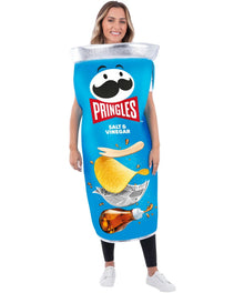 A woman modeling a full-body Pringles Salt & Vinegar costume, featuring a blue container design with the Pringles logo, a chip, and a bottle of vinegar on a white background.