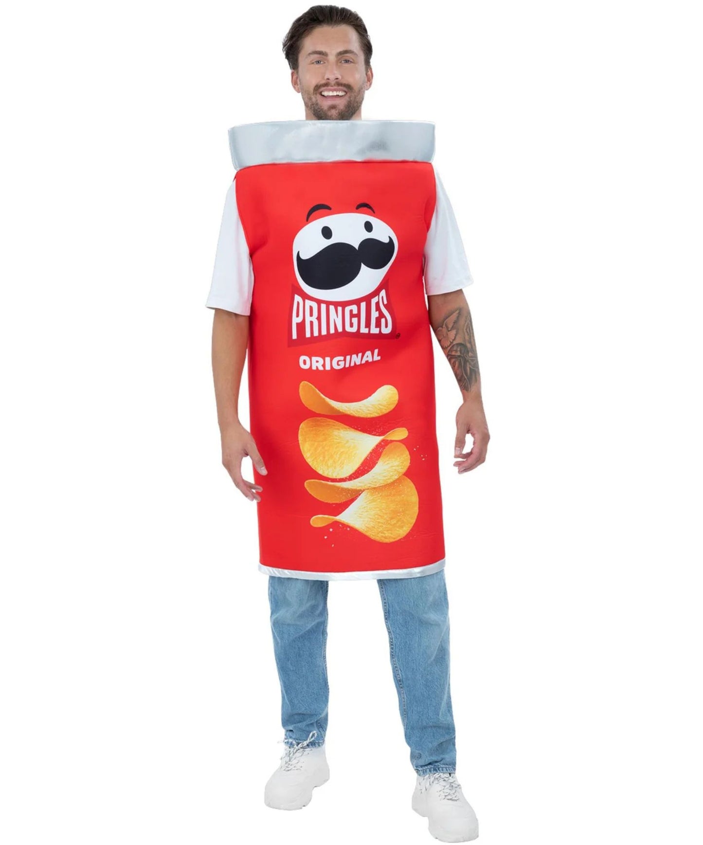 A man modeling a Pringles Original themed apron costume over a white t-shirt and blue jeans, shown against a plain white background.