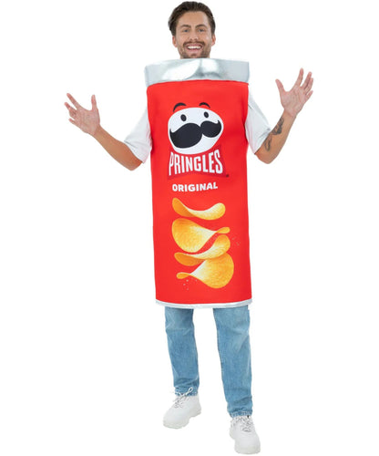 A man modeling a Pringles Original costume apron over a white t-shirt and blue jeans, standing against a solid white background.