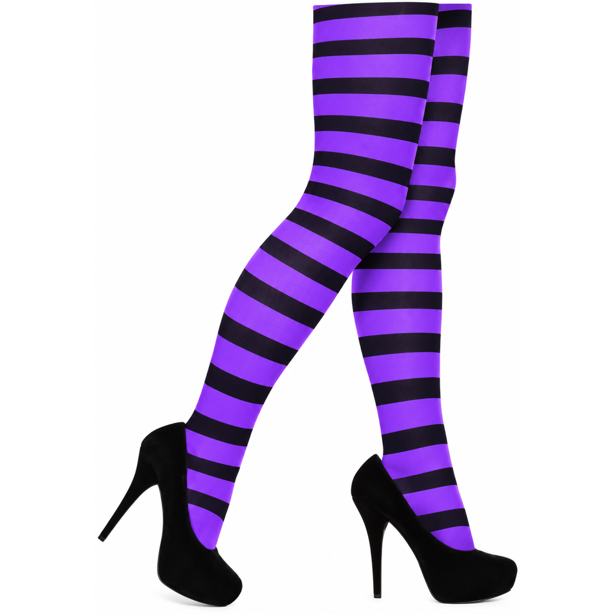Purple and black striped thigh-high stockings worn on legs, paired with black high heels, shown against a plain white background.