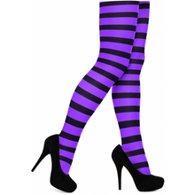 Purple and black striped thigh-high stockings worn on legs, paired with black high heels, shown against a plain white background.