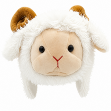 A plush sheep hat with fluffy white faux fur, a beige face, brown curled horns, and small black eyes on a plain white background.