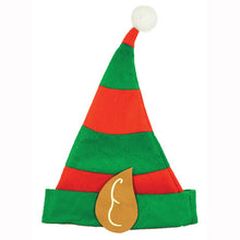 Red & Green striped elf hat with white bobble and attached ears