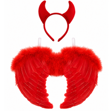 A red devil costume accessory set featuring a horned headband and matching feathered angel wings on a plain white background.