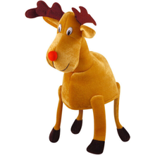 A plush reindeer hat with a golden-brown body, dark red antlers, a bright red nose, and dark brown hooves, shown against a plain white background.