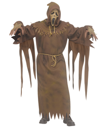 A person wearing a brown hooded ghost or scarecrow-style costume with tattered sleeves and hem, a grim face mask, and clawed hands, photographed against a plain white background.
