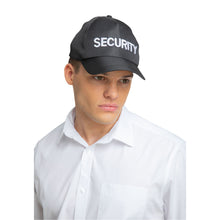 Person wearing a black 'SECURITY' cap on a white background