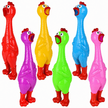 Six colorful rubber chicken toy ricketers in red, yellow, blue, green, purple, and pink, arranged on a plain white background.