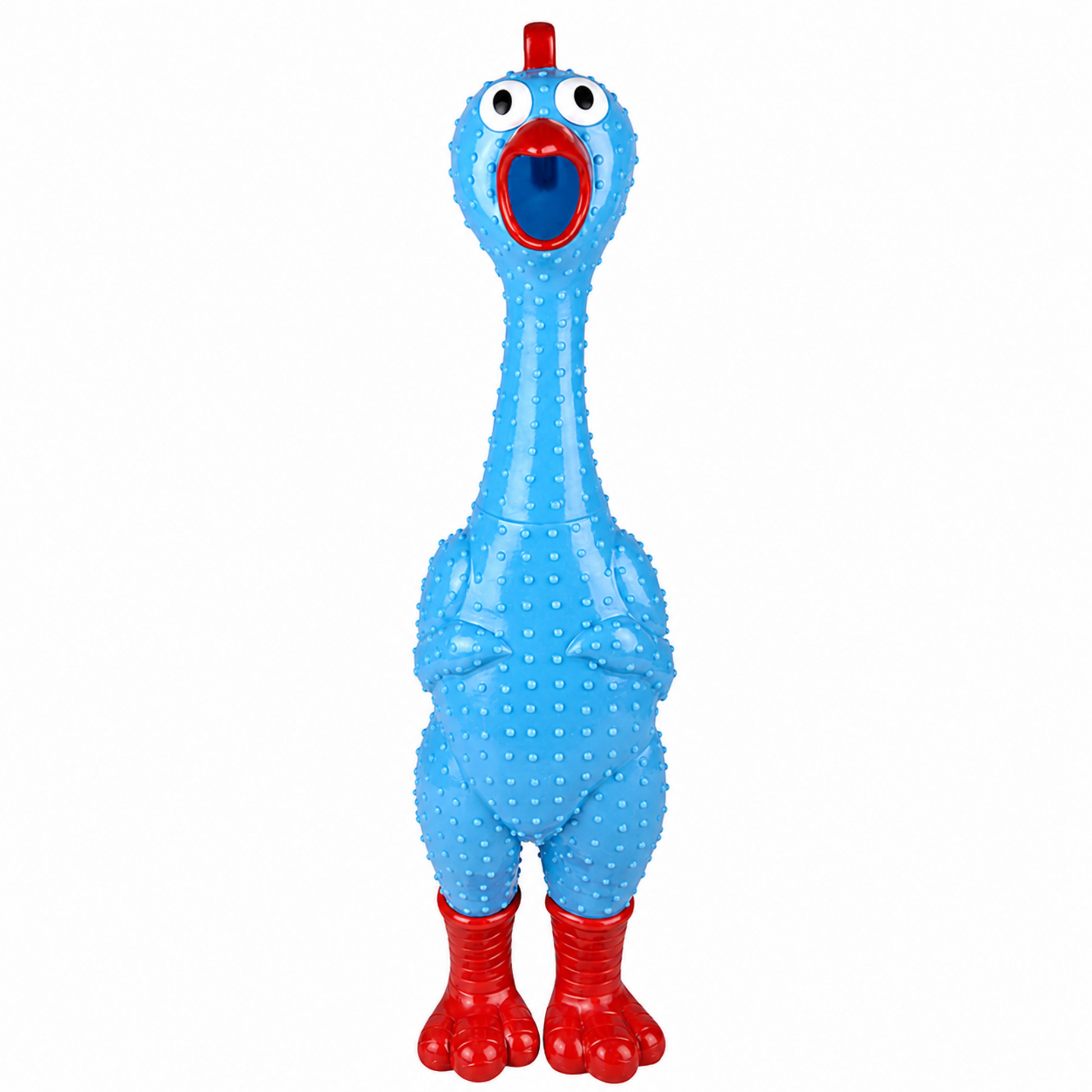 A blue rubber chicken toy with red feet, a red beak, and a red comb, standing against a plain white background.