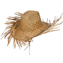 A natural straw cowboy hat with long, frayed raffia-like strands extending from the brim, shown on a plain white background.
