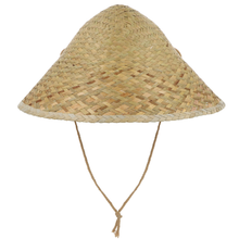 A traditional woven straw conical hat with a rope chin strap, shown against a plain white background.