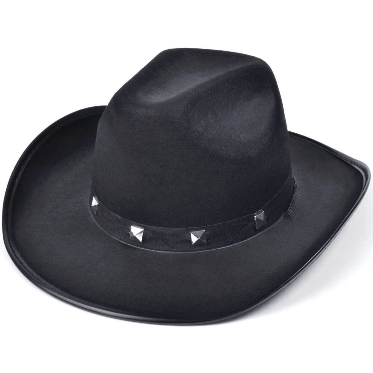 A black wide-brimmed cowboy hat with a matching black band decorated with small silver pyramid studs, shown on a plain white background.