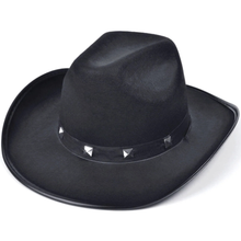 A black wide-brimmed cowboy hat with a matching black band decorated with small silver pyramid studs, shown on a plain white background.