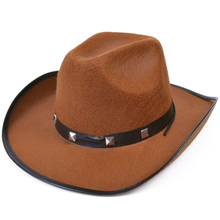 A brown felt cowboy hat with a black band and silver pyramid studs, shown on a plain white background.
