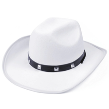 A white felt cowboy hat with a black band decorated with silver pyramid studs, shown on a plain white background.