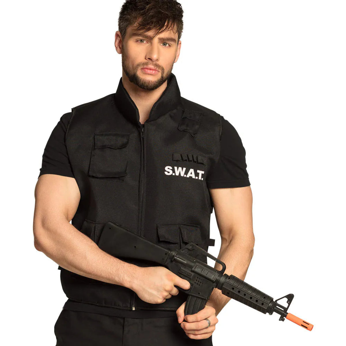 Man wearing a black SWAT vest holding a rifle on a white background