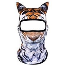 A tiger-print balaclava face mask with a solid black eye opening, shown against a plain white background.
