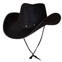 A black cowboy hat with a wide brim, a conical crown, and a chin cord, shown against a plain white background.