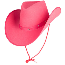 A bright pink felt cowboy hat with a matching pink chin cord and small silver metal studs, shown on a plain white background.