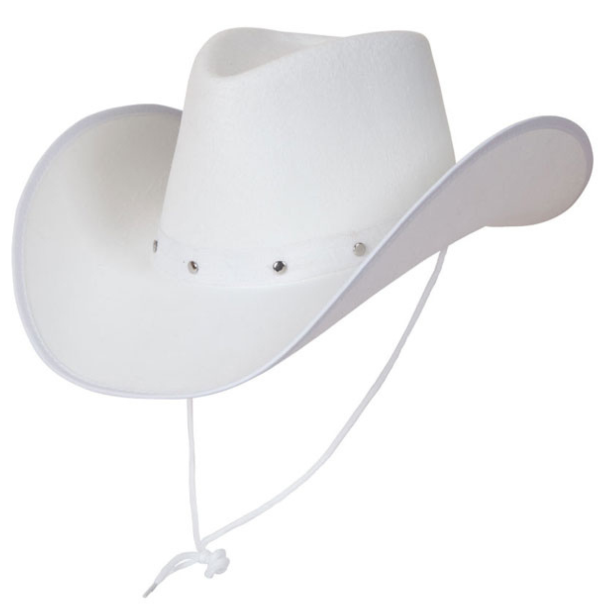 A white cowboy hat with a matching white chin strap and small silver studs on the band, shown against a plain white background.