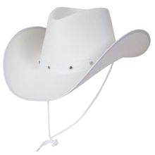 A white cowboy hat with a matching white chin strap and small silver studs on the band, shown against a plain white background.