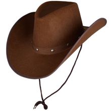 A brown felt cowboy hat with a matching chin strap and small silver-tone metal studs, shown on a plain white background.