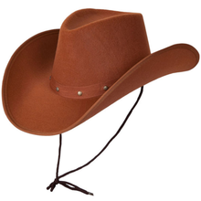 A classic brown felt cowboy hat with a matching chin strap, displayed on a clean white background.