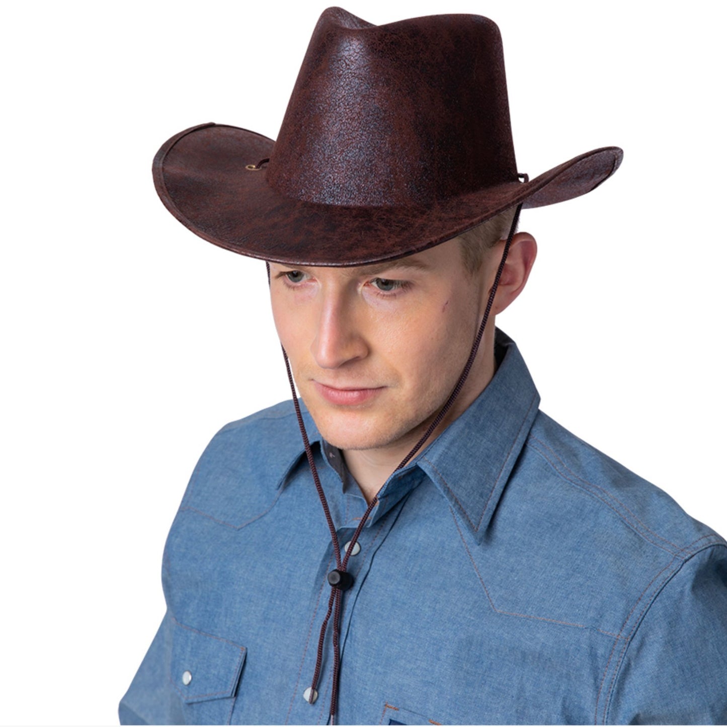 Aged Faux Leather Cowboy Hat - Brown
