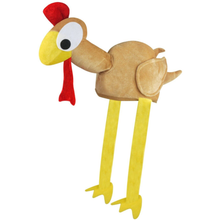 A plush chicken costume hat with a tan body, yellow legs and beak, a red comb, and a large white eye with a black pupil, shown on a plain white background.