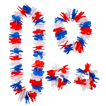 Patriotic red, white, and blue flower garlands arranged on a plain white background.