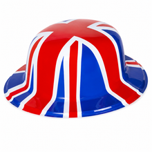 A glossy novelty lightweight plastic hat decorated with a Union Jack flag pattern, featuring red, white, and blue colours, isolated on a white background.