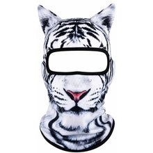 A white and black tiger-print balaclava face mask with a pink nose detail, shown against a plain white background.