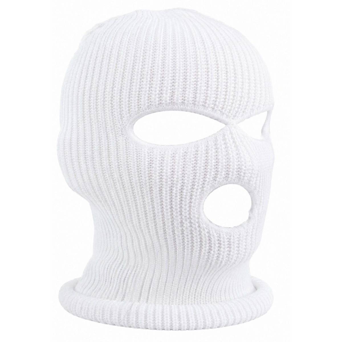 White knit balaclava with three face holes on a white background