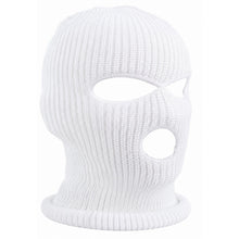 White knit balaclava with three face holes on a white background