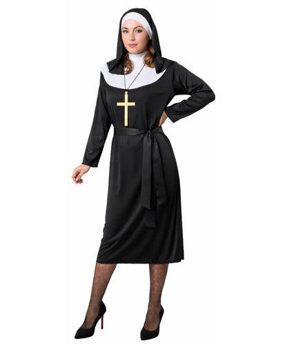 A woman modeling a black nun costume dress with a white collar, black veil, and a gold cross pendant, set against a plain white background.