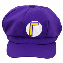 A purple newsboy cap featuring a circular white patch on the front with a yellow and purple letter 'L', set against a plain white background.