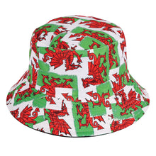 Bucket hat with welsh red dragon flag pattern on a white background