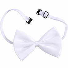 A white satin bow tie with an adjustable neck strap and black plastic buckle, displayed on a clean white background.