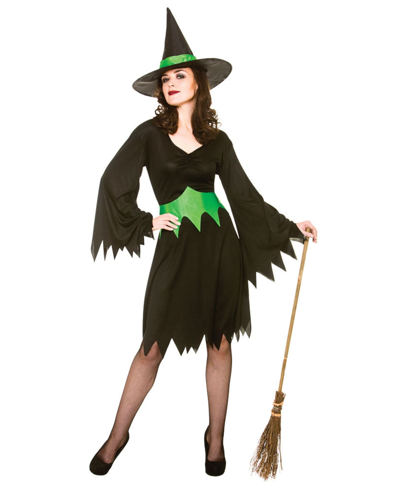 Woman in a witch costume with a broom on a white background