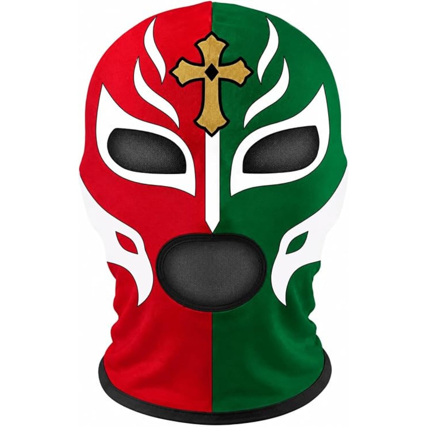 A split red and green lucha-style mask with white decorative eye and mouth cutouts and a gold cross on the forehead, shown on a plain white background.
