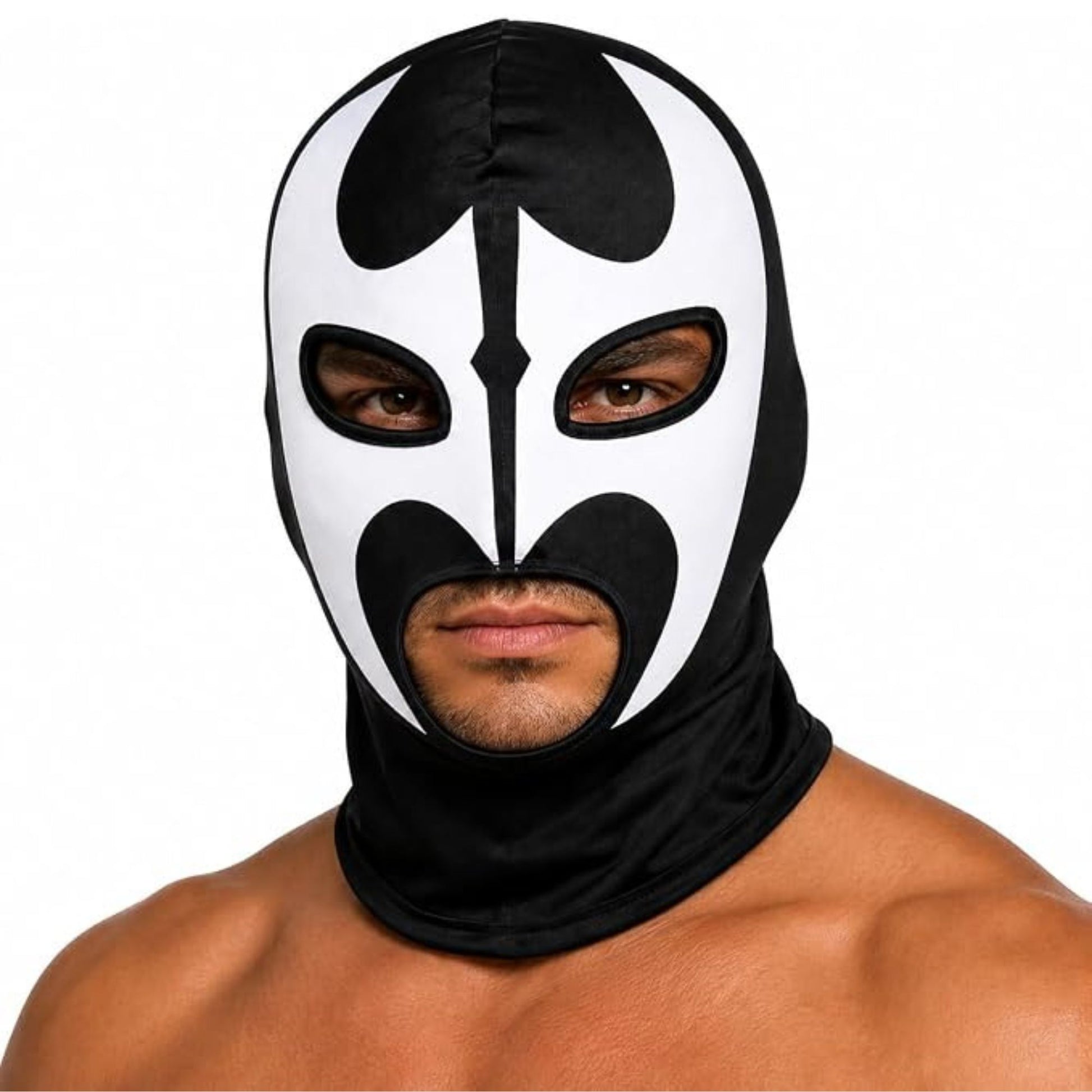 A man wearing a black and white lucha-style wrestling mask, shown from the chest up against a plain white background.