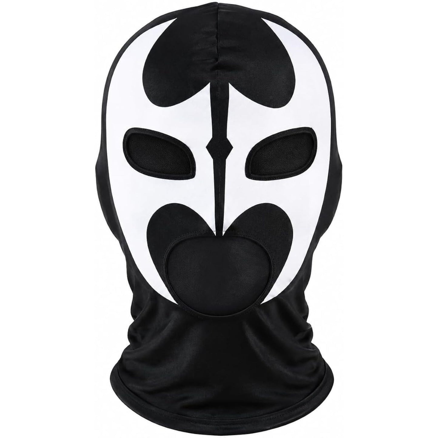 A black and white balaclava mask with a stylized face design, shown on a plain white background.