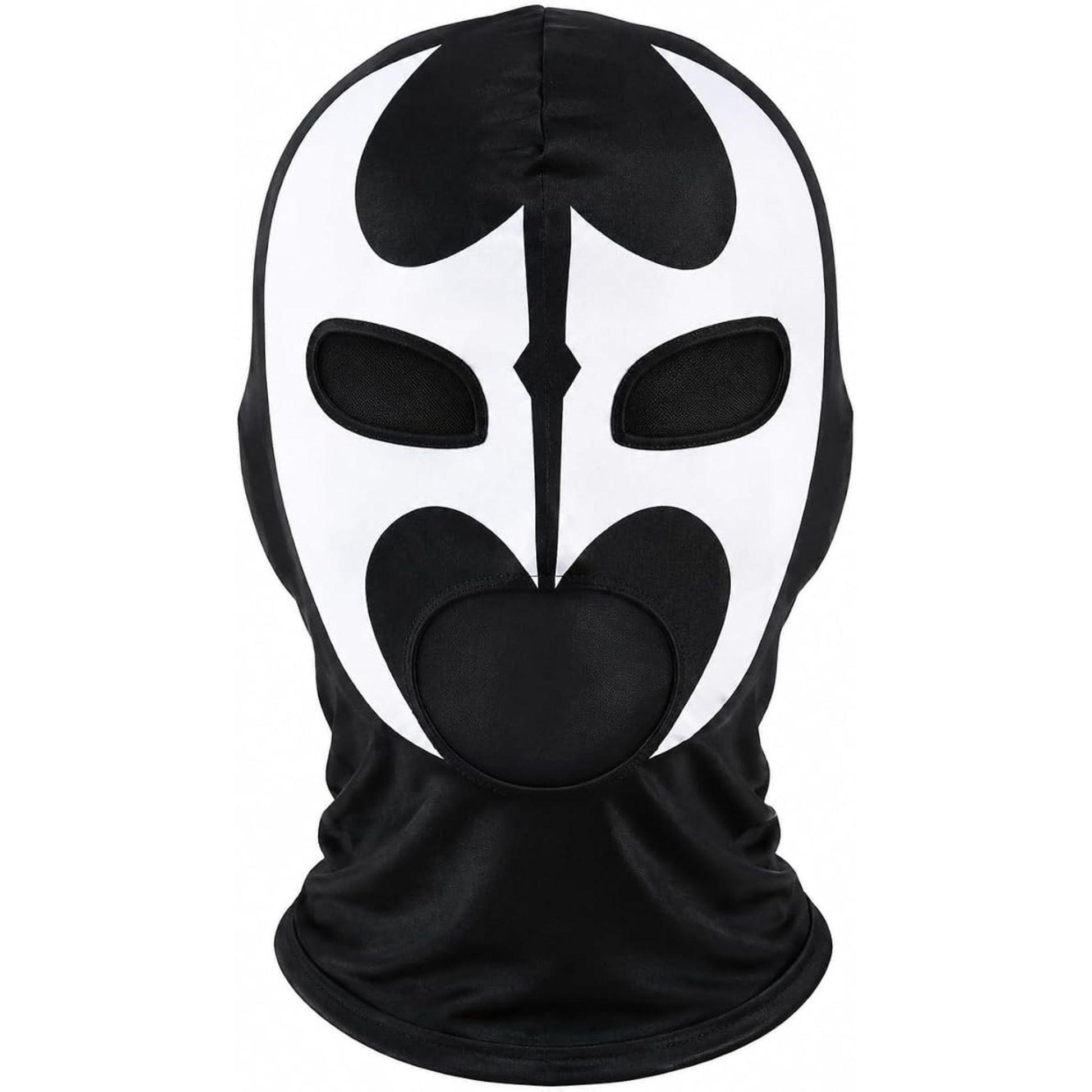 A black and white balaclava mask with a stylized face design, shown on a plain white background.