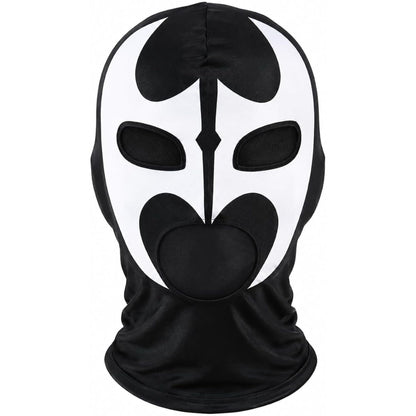 A black and white balaclava mask with a stylized face design, shown on a plain white background.