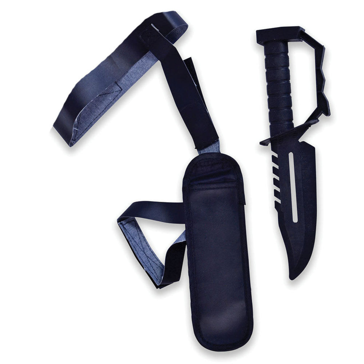 A black plastic and faux leather replica combat knife with a matching black nylon sheath and shoulder strap, displayed on a clean white background.