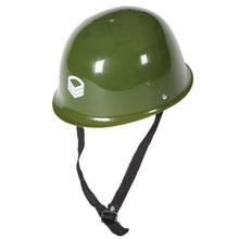 An olive green military-style helmet with a black chin strap and a white insignia on the side, shown against a plain white background.