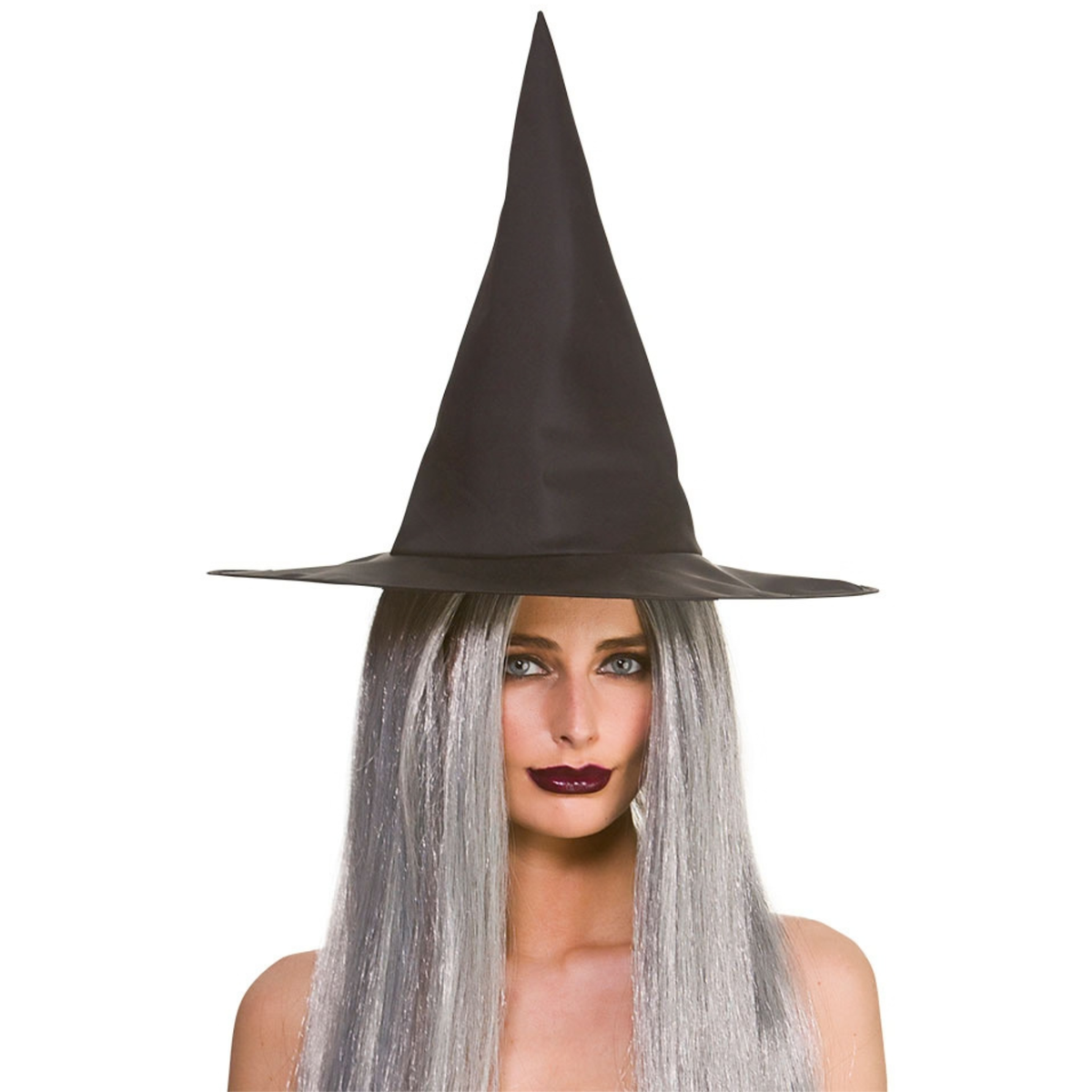 A woman wearing a tall black pointed witch hat and long silver-gray hair, shown against a plain white background.