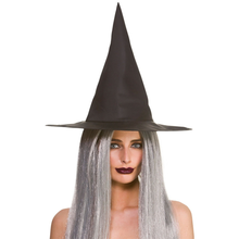 A woman wearing a tall black pointed witch hat and long silver-gray hair, shown against a plain white background.