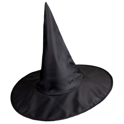 A classic black witch hat with a wide brim and a tall pointed crown, shown against a plain white background.
